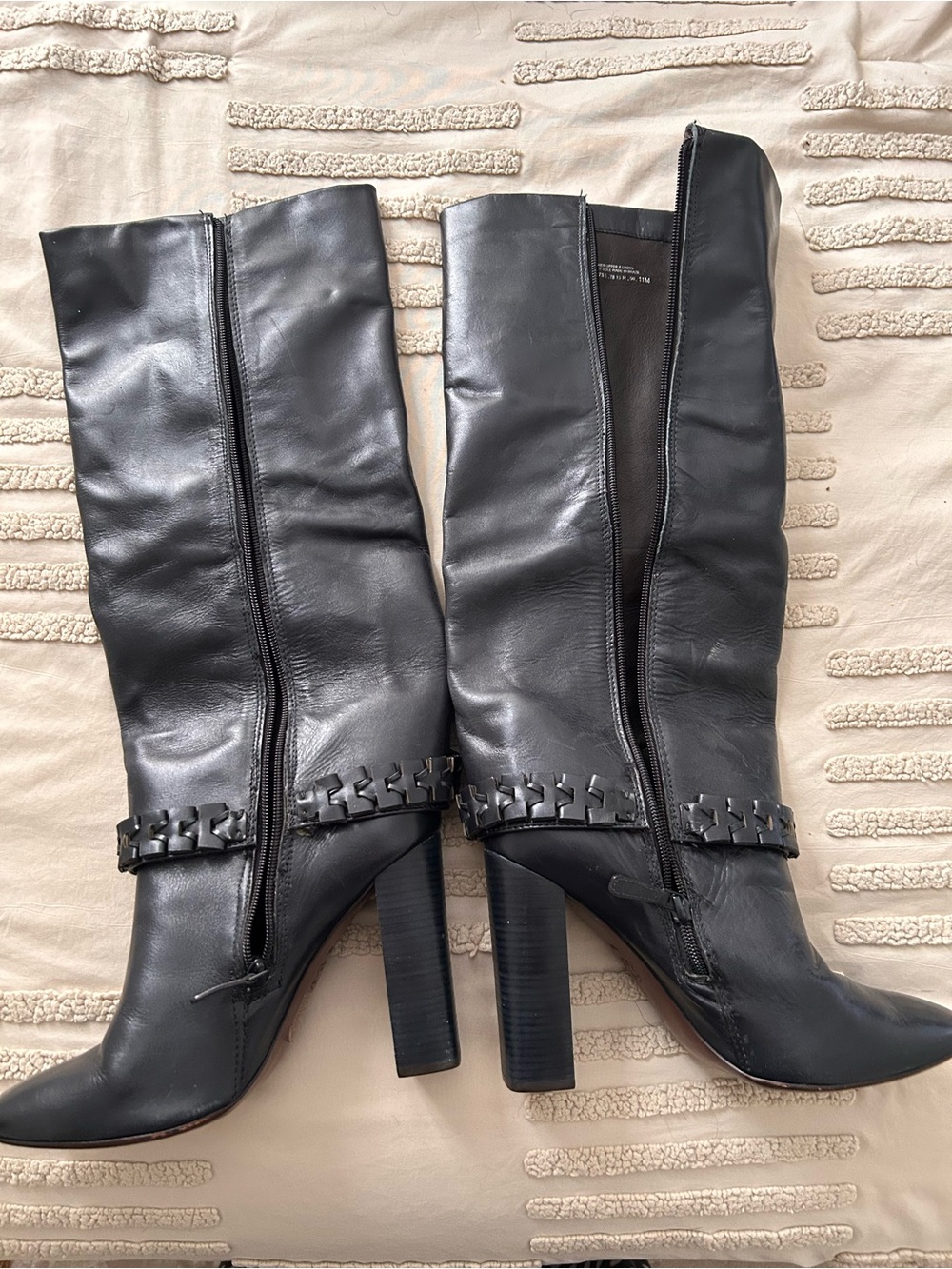 Tory Burch Black Leather Knee-High Block Heel Boots - Picture 2 of 5